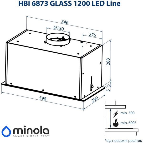 Витяжка Minola HBI 6873 WH GLASS 1200 LED Line (повновбудована, 60 см, 1200 м&sup3;/год, біла) HBI 6873 WH фото